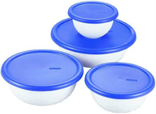 Load image into Gallery viewer, BOWL SET OF 4 w/COVERS-WHT/BLUE TOP