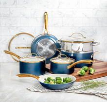 Load image into Gallery viewer, 1855 Gotham Steel Blue/Cream Gold Handles 15 Piece Cookware Set