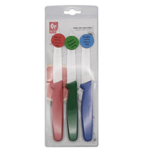 Load image into Gallery viewer, 3-PC Paring Knife set. Red, Green, Blue Dairy Meat Parve. Serrated point.