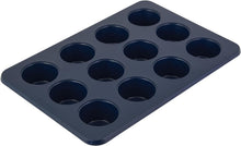 Load image into Gallery viewer, KitchenAid Nonstick Mini Muffin Pan with Extended Handles for Easy Girp, Aluminized Steel to Promoted Even Baking, Ink Blue, Dishwasher Safe, 12 Cup
