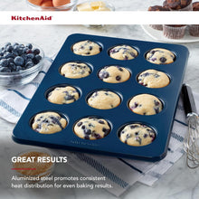 Load image into Gallery viewer, KitchenAid Nonstick Mini Muffin Pan with Extended Handles for Easy Girp, Aluminized Steel to Promoted Even Baking, Ink Blue, Dishwasher Safe, 12 Cup