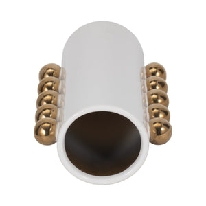 19076-03 Cer, 10" Vase W/ Side Knobs, White/gold
