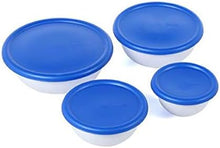 Load image into Gallery viewer, BOWL SET OF 4 w/COVERS-WHT/BLUE TOP
