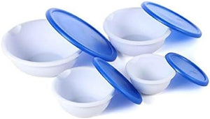 BOWL SET OF 4 w/COVERS-WHT/BLUE TOP