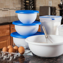 Load image into Gallery viewer, BOWL SET OF 4 w/COVERS-WHT/BLUE TOP
