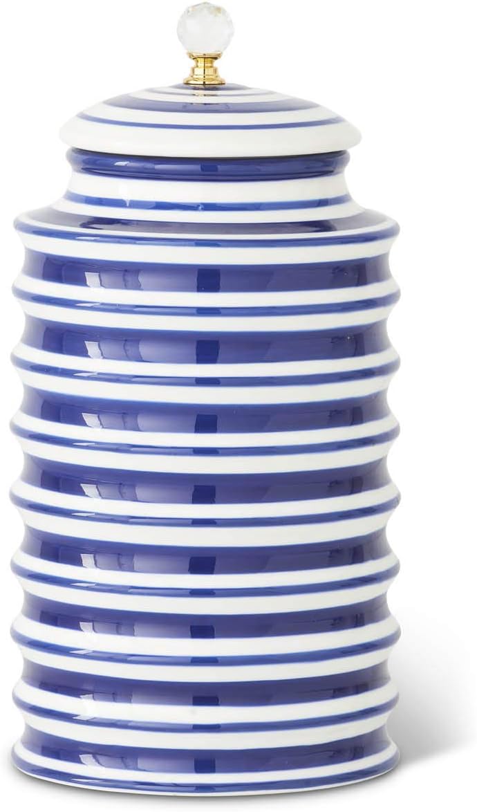 15117A-BL-3 11 Inch Ceramic White and Blue Round Ribbed Container