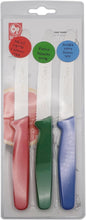 Load image into Gallery viewer, 3-PC Steak Knife Set, Red, Green, Blue Dairy, Meat, Parve, round serrated edge,
