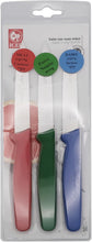 Load image into Gallery viewer, 3-PC Paring Knife set. Red, Green, Blue Dairy Meat Parve. Serrated point.
