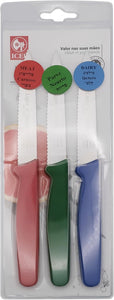 3-PC Paring Knife set. Red, Green, Blue Dairy Meat Parve. Serrated point.