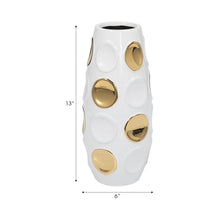 Load image into Gallery viewer, 18376-07 Stoneware, 13&quot; Circle Embossed Vase, White/gold
