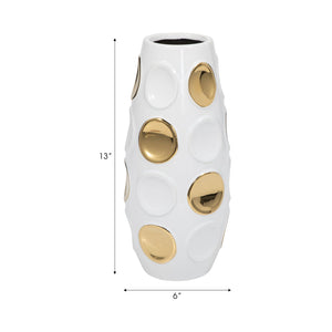 18376-07 Stoneware, 13" Circle Embossed Vase, White/gold