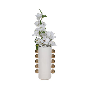 19076-03 Cer, 10" Vase W/ Side Knobs, White/gold
