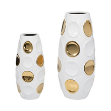Load image into Gallery viewer, 18376-07 Stoneware, 13&quot; Circle Embossed Vase, White/gold
