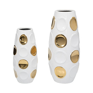 18376-07 Stoneware, 13" Circle Embossed Vase, White/gold