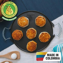 Load image into Gallery viewer, VICTORIA 12.5â€ Reversible Cast Iron Round Griddle with Removable Cool-Touch Handles

