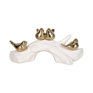 20414 14" Birds Sitting On Branch, White/gold