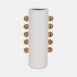 19076-01 Cer, 16" Vase W/ Side Knobs, White/gold