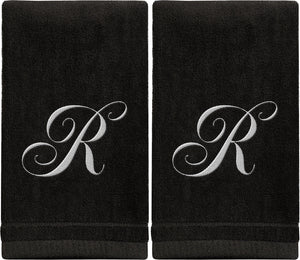 Black Monogrammed Towel - White Embroidered - Initial R