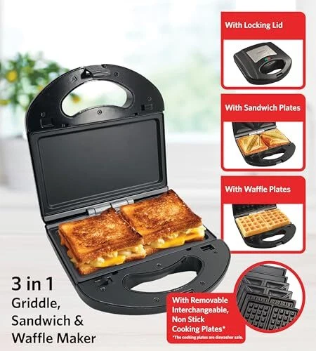 EUROSTAR ES936BX 3-In-1 Griddle, Sandwich & Waffle Maker, Black