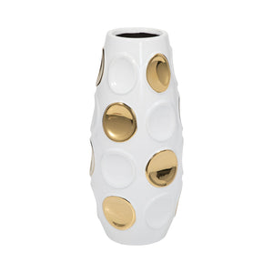 18376-07 Stoneware, 13" Circle Embossed Vase, White/gold