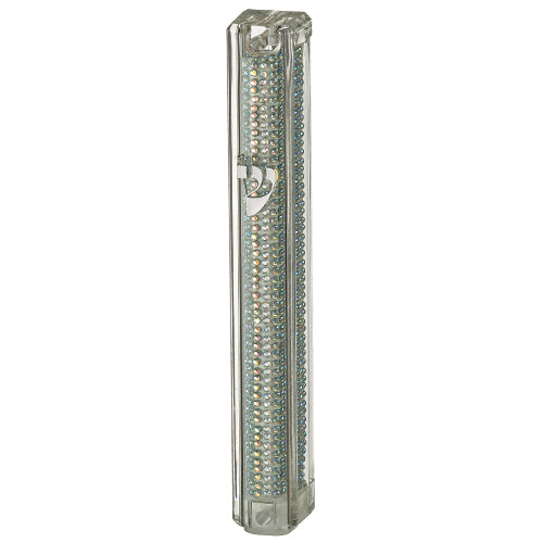 UK24476 Plastic Glitter Transparent Mezuzah with Rubber Cork 15 cm- with the Letter Shin