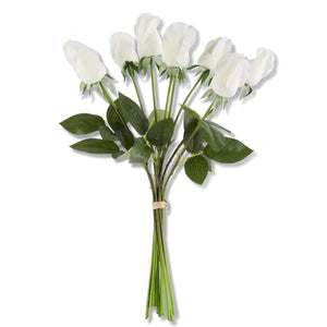 17.5 Inch White Real Touch Rose Bud w/Foliage Bundle (9 Stems)