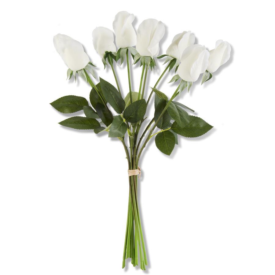 17.5 Inch White Real Touch Rose Bud w/Foliage Bundle (9 Stems)