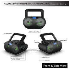 Load image into Gallery viewer, Riptunes CD Boombox MP3 Disc Player Bluetooth AM/FM Radio Stereo Sound Aux-in USB mSD phone jack, AC/DC Powered with Remote Control - Black
