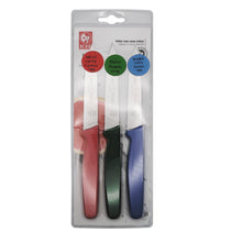Load image into Gallery viewer, 3-PC Paring knife set, Red, Green, Blue, Dairy, Meat, Parve, Straight point tip.
