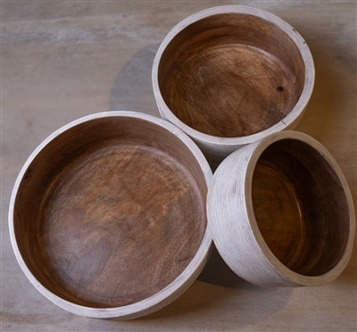 218022-2 Wooden Round Bowls with Ribs White & Natural