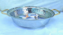 Load image into Gallery viewer, TAJ Designs 9 Inch Round Hammered Pan Holder With Gold Accent
