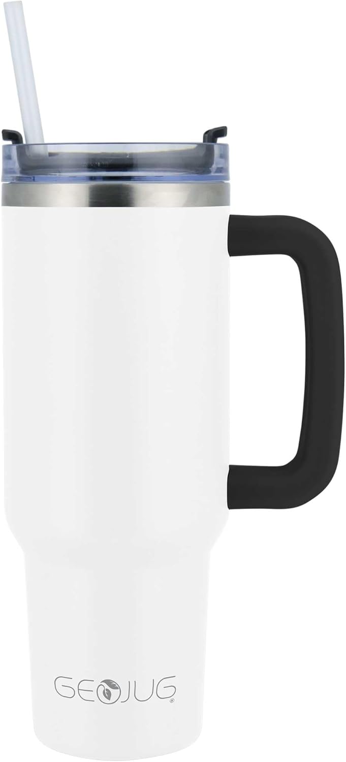 Brentwood GEOJUG 40oz Insulated Stainless Steel Tumbler Cup with Handle, Leak Proof Lid, and Straw (Cream)