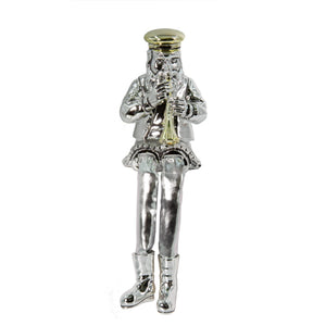 UK43633 Silvered Polyresin Sitting Hassidic Figurine With Cloth Legs 25 Cm- Clarinet Player