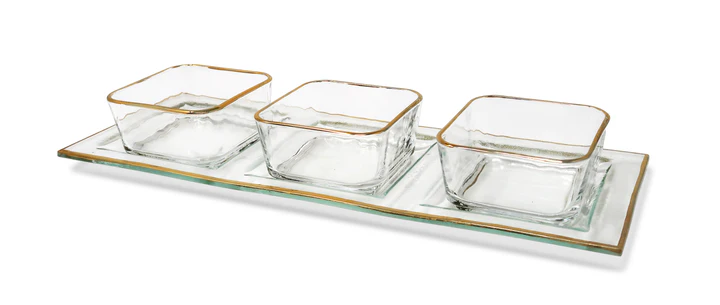 VRD4293 Glass 3 Bowl Relish Dish with Gold Rim