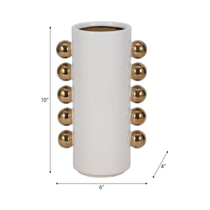 19076-03 Cer, 10" Vase W/ Side Knobs, White/gold
