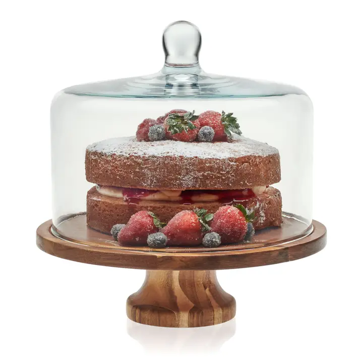667291 Libbey Acaciawood Footed Round Wood Server Cake Stand with Glass Dome