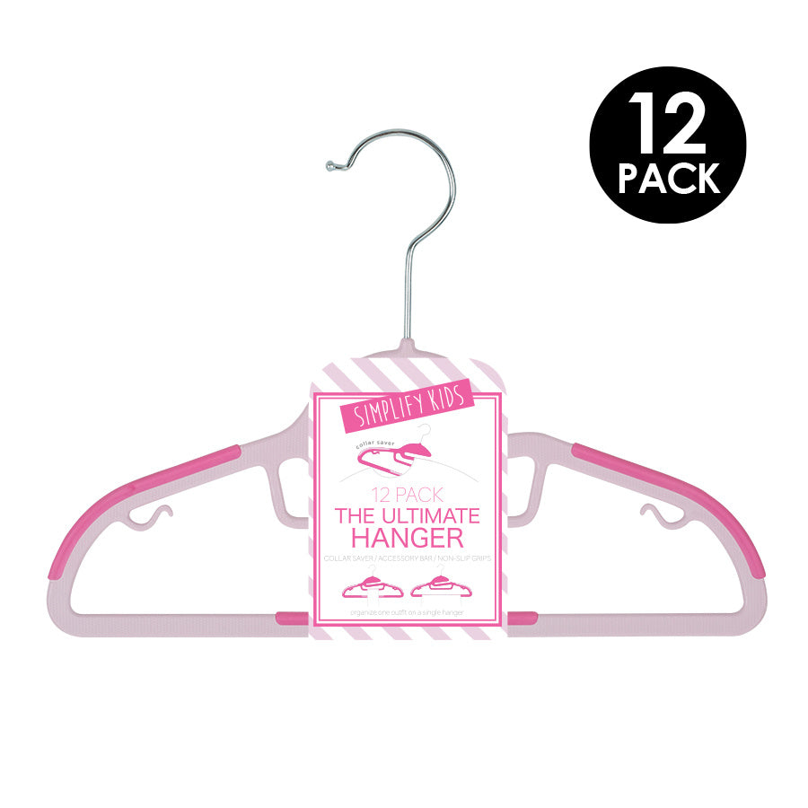 12PK Kids Razor Thin S-Shape Collar Saver Non-Slip Suit & Shirt Hanger w/Tie Bar -PINK