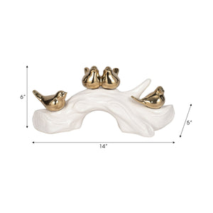 20414 14" Birds Sitting On Branch, White/gold