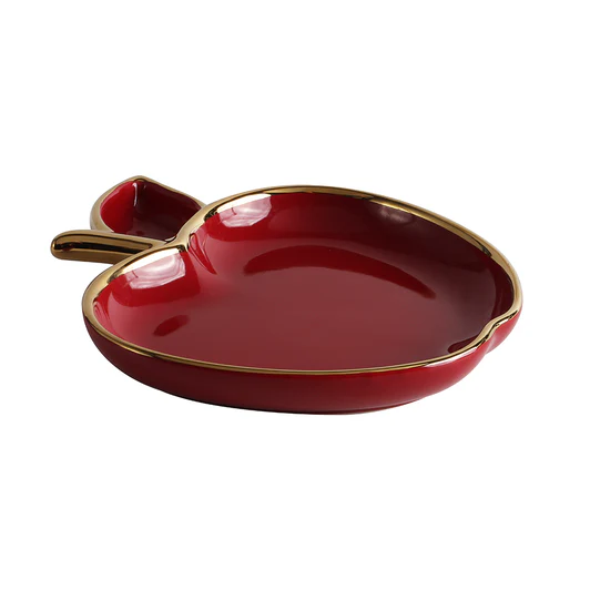 J-HDAS-RD Porcelain Apple Shaped Dish with Gold Trim