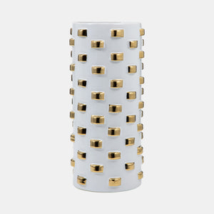 19127-02 Stoneware, 11" Cylinder Vase, White/gold