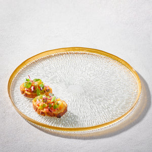 SD-350233- G Domo, Glass Charger with Gold Rim and Lip, Dishwasher Safe, 13"