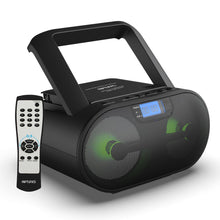 Load image into Gallery viewer, Riptunes CD Boombox MP3 Disc Player Bluetooth AM/FM Radio Stereo Sound Aux-in USB mSD phone jack, AC/DC Powered with Remote Control - Black
