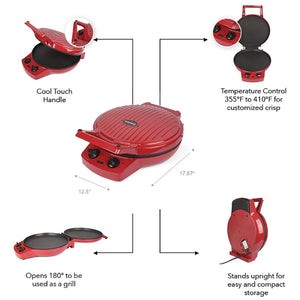 Courant 12 Inch Electronic Pizza Maker w/ Dial, Opens 180°, Red