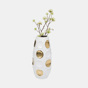 18376-07 Stoneware, 13" Circle Embossed Vase, White/gold