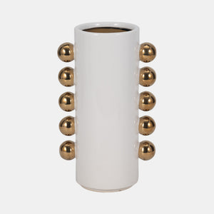 19076-03 Cer, 10" Vase W/ Side Knobs, White/gold