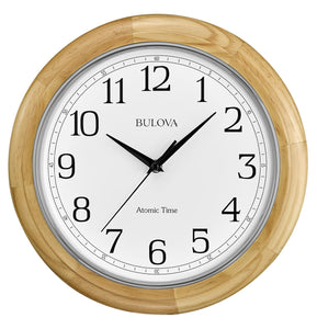 Bulova C5005 Wooden Atomic Analog Wall Clock Automatically Sets Time Large Roman Numerals Battery Operated Traditional Design