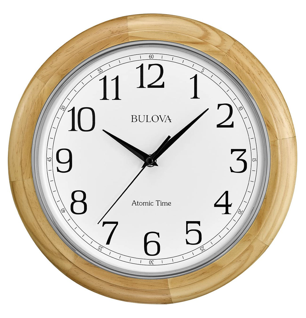Bulova C5005 Wooden Atomic Analog Wall Clock Automatically Sets Time Large Roman Numerals Battery Operated Traditional Design