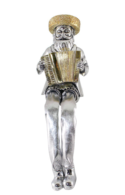 UK89678 Silvered Polyresin Sitting Hassidic Figurine With Cloth Legs 19 Cm- Accordion Player