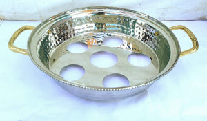TAJ Designs 9 Inch Round Hammered Pan Holder With Gold Accent