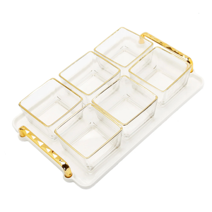 WSD2791 6 Bowl Serving Dish White Tray with Glass Bowls Gold Trimmed - 13.5"L